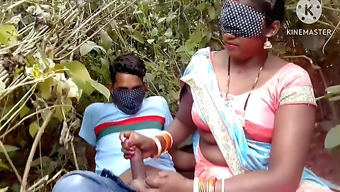 Brunette indian in the jungle is riding her boyfriend's cock