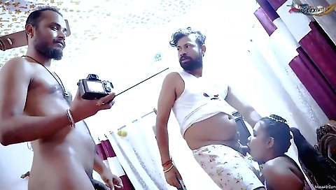 Two men and one hot brunette are fucking one after another