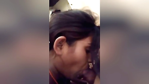 Brunette babe on cam sucks hubby's cock after fuck