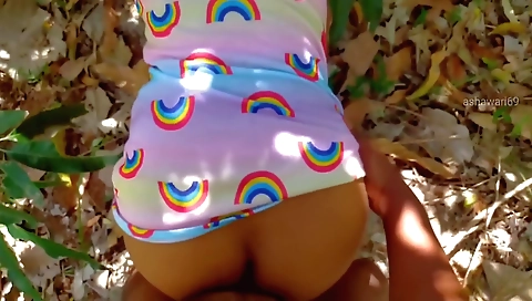 Brunette and dude in outdoor sex scene with camera