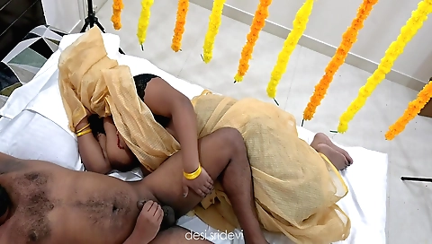 Indian couple first night in sex in bed with their naked hearts