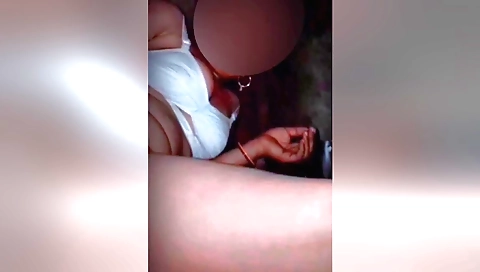Hot brunette 18+ with big boobs and a shaved pussy is having a handjob