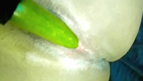Amateur solo female with cucumber dildo in the bathroom