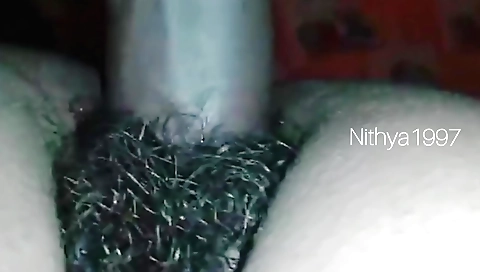 Indian babe with hairy pussy with her hands and her dick